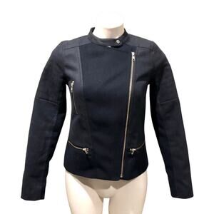 Trouve Moto Jacket XS Navy Blue Zippers Heavy Felt Cropped Biker Women's